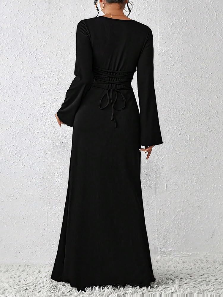 CIVOUX Black Dresses for Women Long Sleeve Solid Lace-up Back Maxi