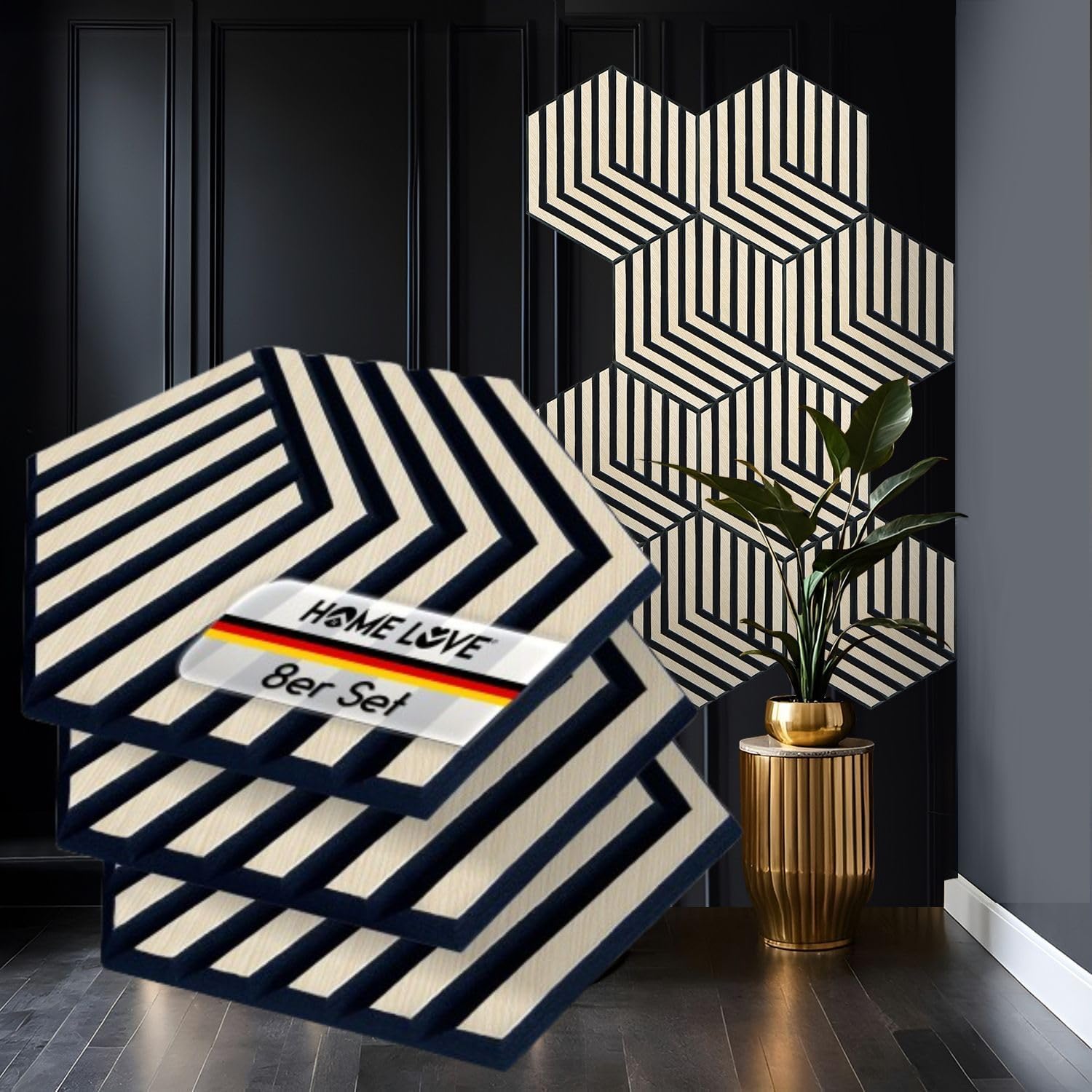 HOME LOVE® Wandbild aus Holz 8er Set | Hexagon Akustikplatten | 3D Gaming Wanddekoration | Akustikpaneele als Deko | Dekoration für Wohnzimmer Flur | Wandpaneele als Akustikbild | Dekoartikel groß