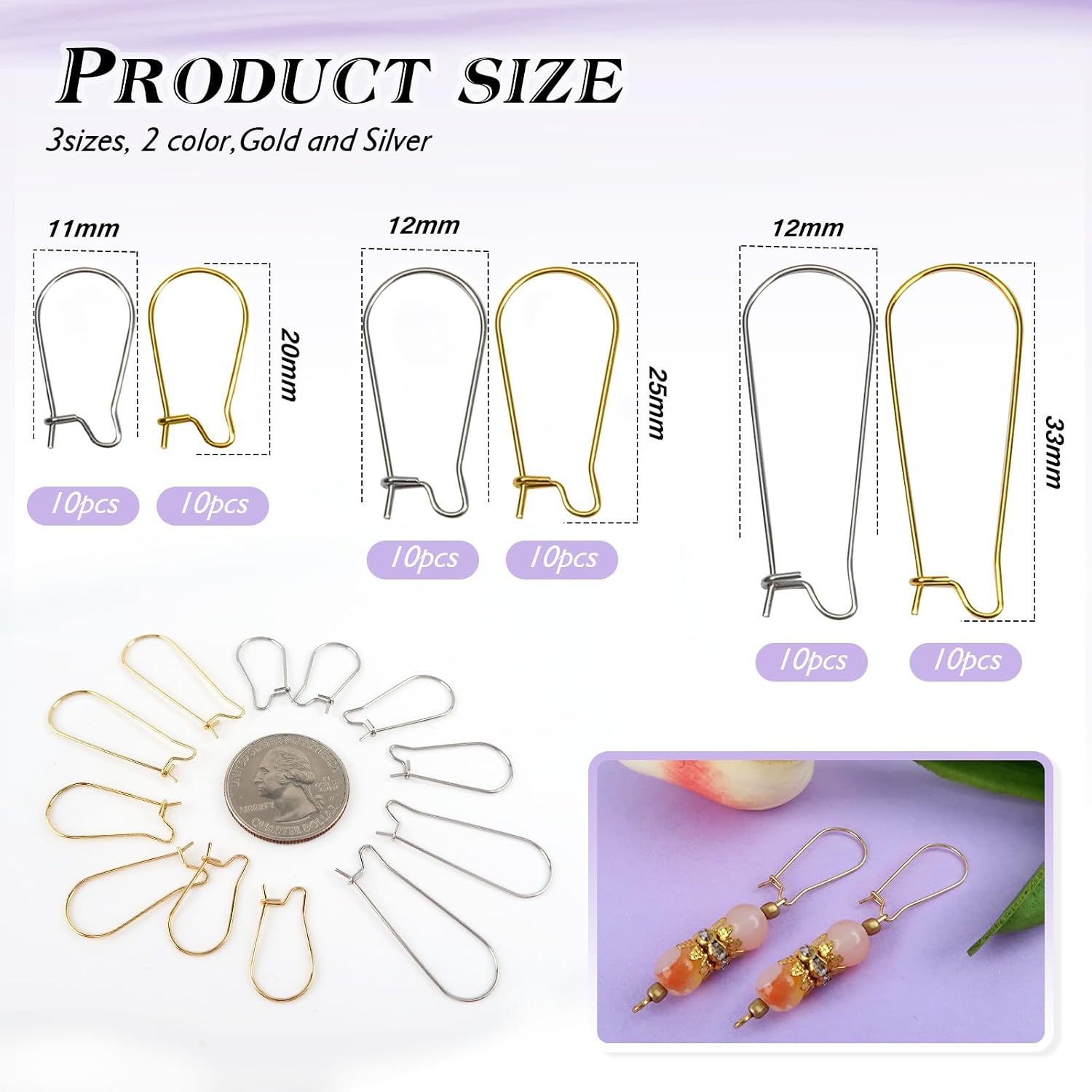 TOAOB 60pcs Earring Hooks Stainless Steel Kidney Ear Wires Interchangeable Dangle Ear Wire Hooks Gold Silver Mixed Sizes Earring Findings Parts for DIY Jewelry Making image 2