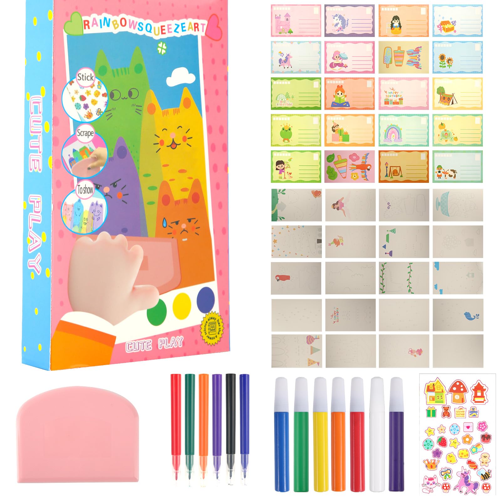 BOXOB 35pcs Rainbow Art Scratch Set for Kids, Creative Squeegee Paper Kit Dot Painting Notebook Gift for Boys Girls DIY Postcard Art Projects Party Favors Fun Activities
