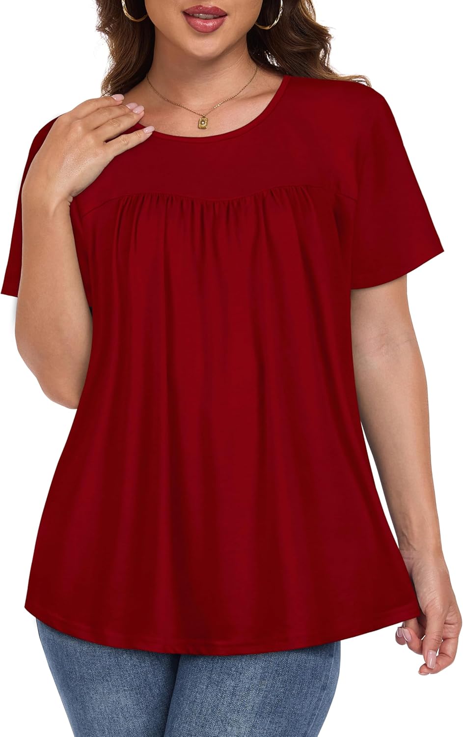 Womens T Shirts Short Sleeve Tops Casual Pleated Front Blouses Flowy Scooped Neck Summer Outfits - Image 7