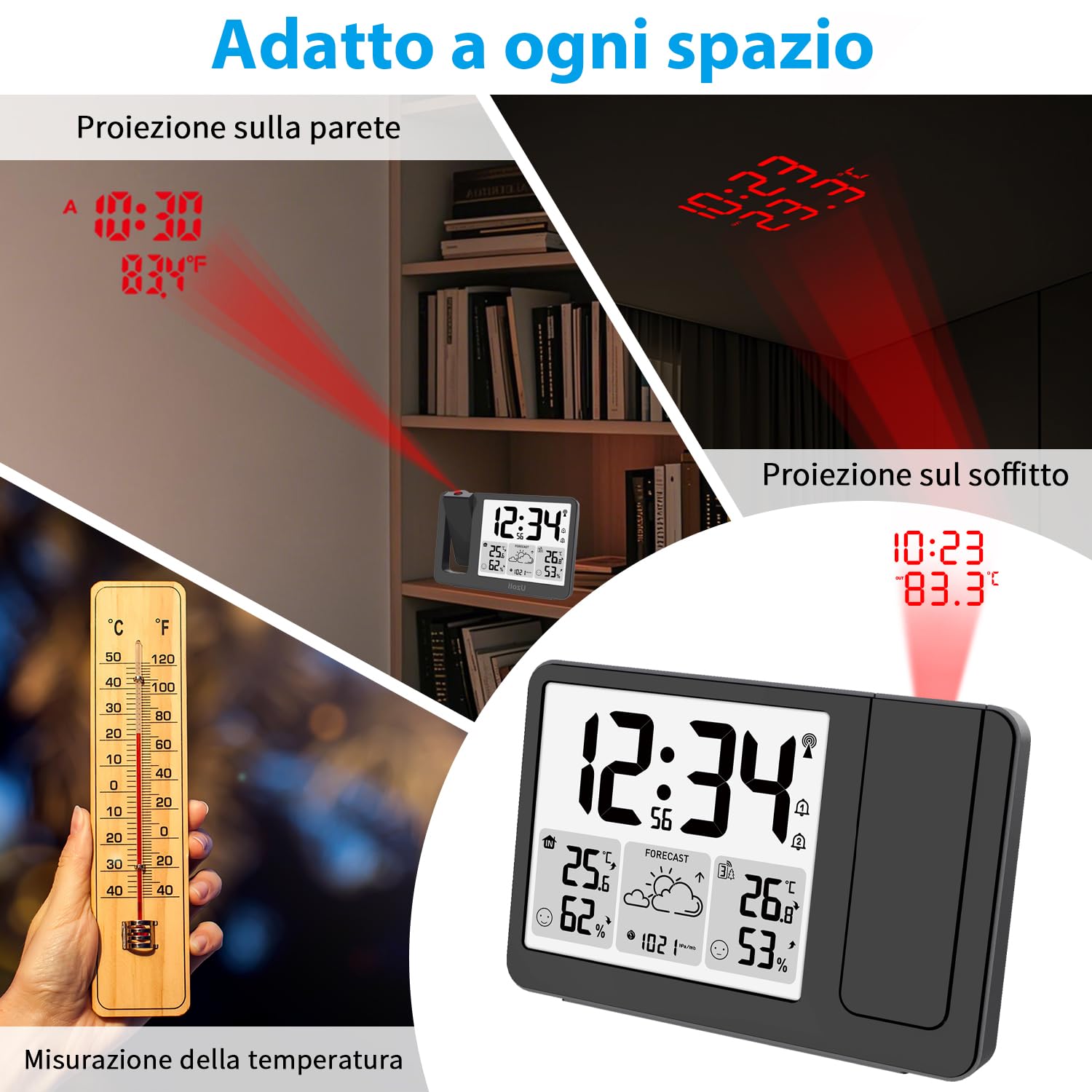 Uzoli EM3539E Sveglia con proiettore soffitto e stazione meteo, Orologio radiocontrollato, Temperatura, Umidità, Previsioni meteo, Livelli di comfort, Proiettore con rotazione a 180°, 1 Sensore