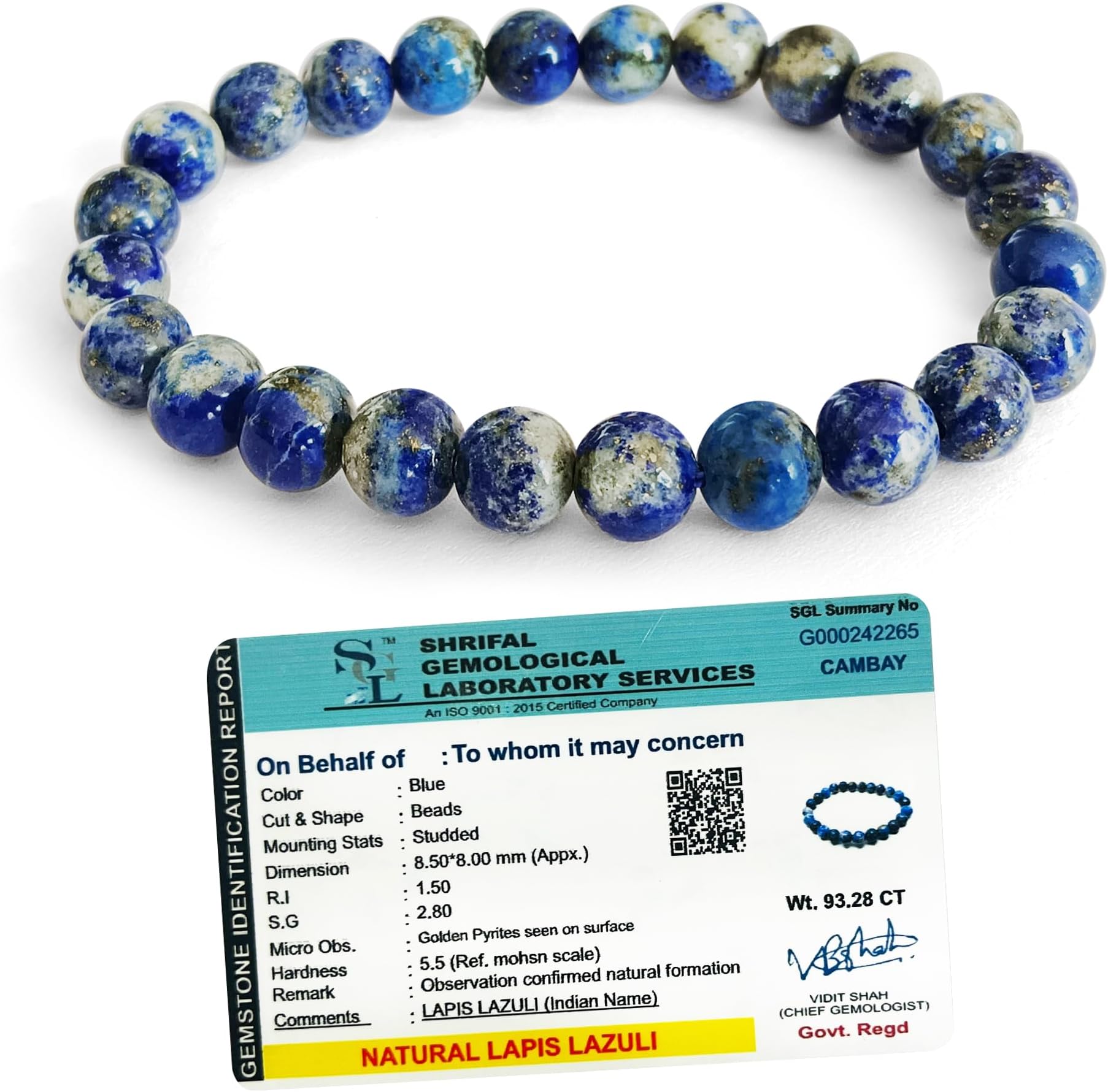 Original Lapis Lazuli Bracelet with Lab Certificate for Men and Women - Natur...