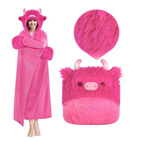 Mewaii Tragbare Decke mit Kapuze und Ärmeln,Kuscheldecke mit Handschuhen Weiche Flanell Sherpa Decke für Damen und Herren Ideal für Zuhause Reisen und Tierliebhaber - 130x158 CM - Knallpink