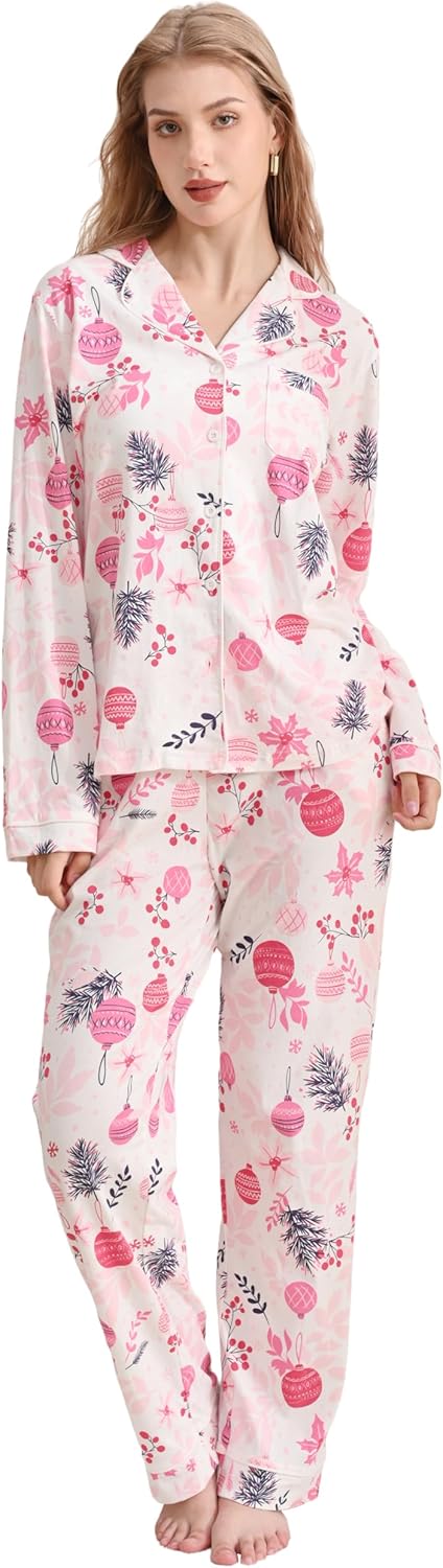 100% Cotton Pajamas for Women 2 Piece Christmas PJs Set Pink Lights L Long Sleeve with 3 Pockets Sleepwear (SDDQ,L)