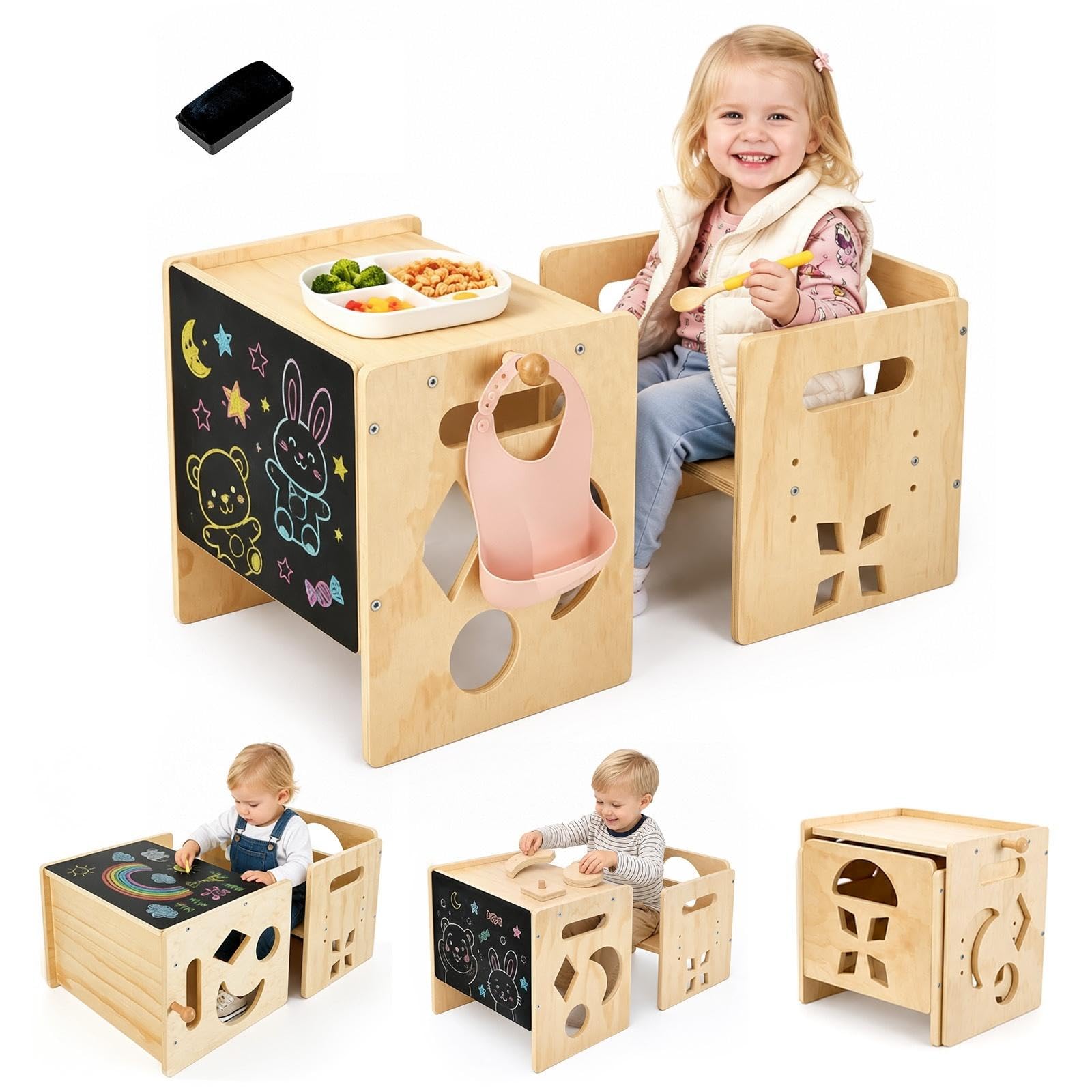 Toddler Table and Chair Set for 1-3 Years Boys Girls, 3-Level Height Adjustable Chair, Wooden Kids Table with Storage Shelf, Hook, Mini Blackboard & Chalk.Montessori Weaning Eating Table,Easy Assemble