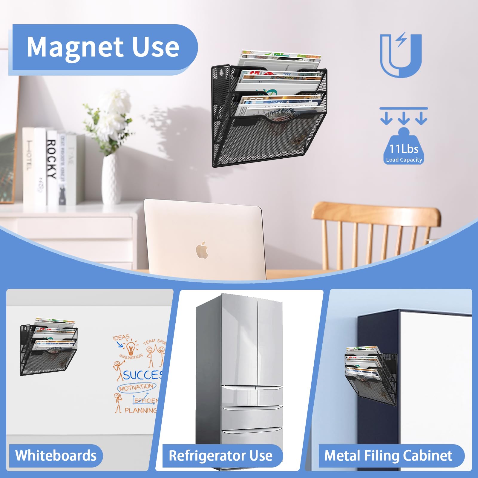 Portadocumenti magnetico a 3 livelli, senza foratura, organizer per archivio di documenti magnetico, organizer nero per riviste, porta carta magnetica per frigorifero, schedari, lavagna bianca