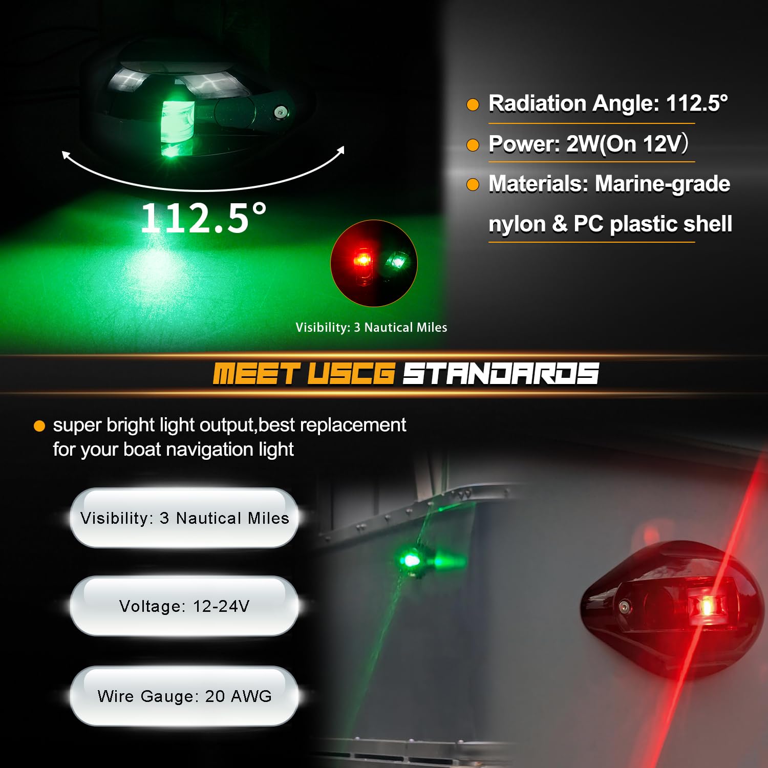 RUXIFEY Boat Navigation Lights, Bow Lights for Boats LED Red and Green IP67 Waterproof Marine Navigation Light Bow and Stern Boat for Pontoon,Yacht, Boat (Black)