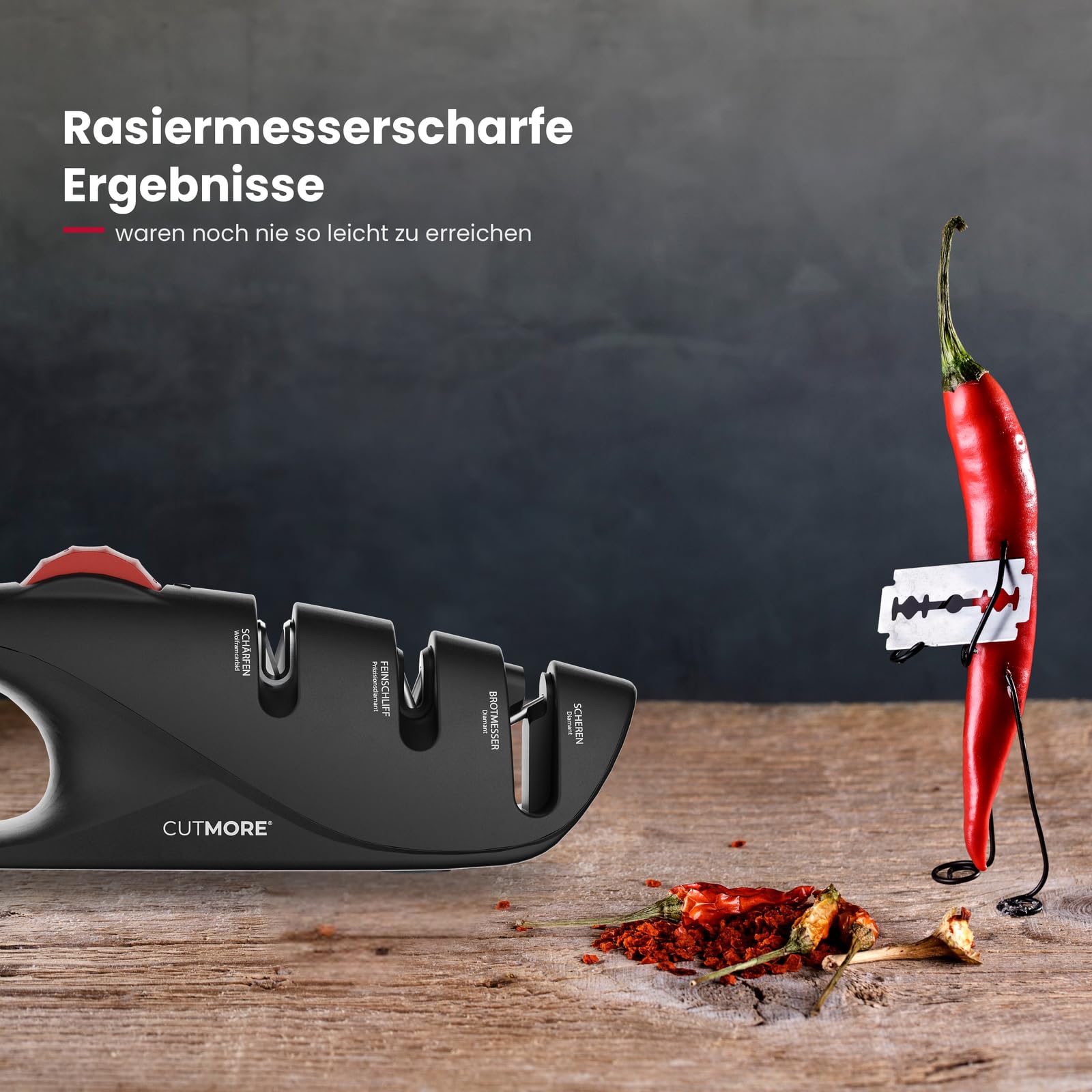 CUTMORE® ProSharp Messerschärfer mit Winkeleinstellung 15°–24° – Diamant Messerschleifer für japanische & Damastmesser – schärft Wellenschliff, Brotmesser & Scheren – Profi Schärfer manuell