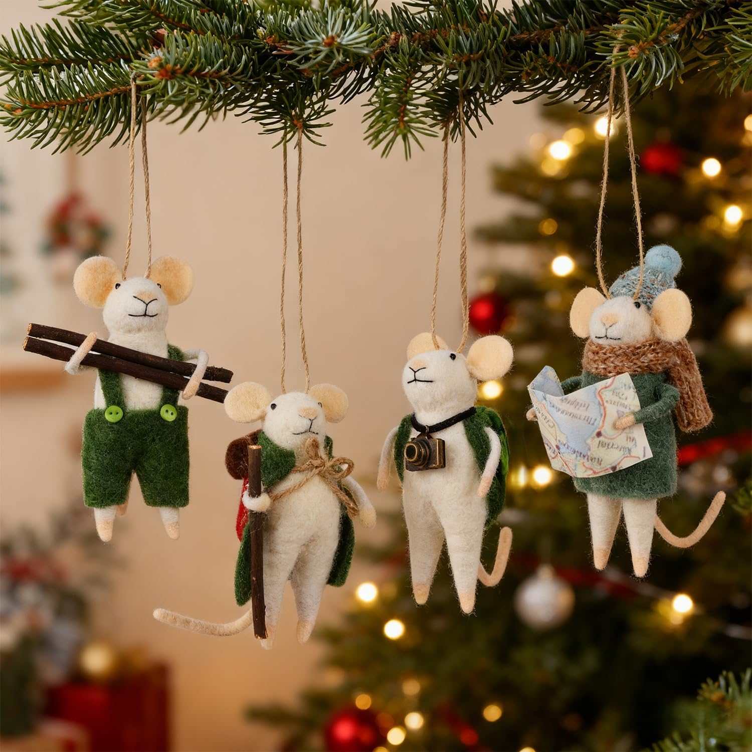 Set of 4 Christmas Felt Mice Ornaments, 5" Mini Hanging Wool Tourist Mouse Figurines, Tiered Tray Tabletop Decor, Animal Crafts Cute Xmas Tree Festival Holiday Easter Gifts Home Office Party Supply