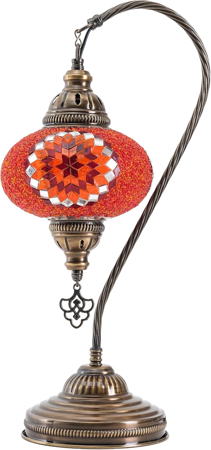 Mozaist Turkish Lamp, Swan Neck Mosaic Table Lamp, Moroccan Decorative Glass Antique Bohemian Vintage Lamp Shade, Tiffany Desk Bedside Stained Glass Lamp with US Plug and E12 Socket