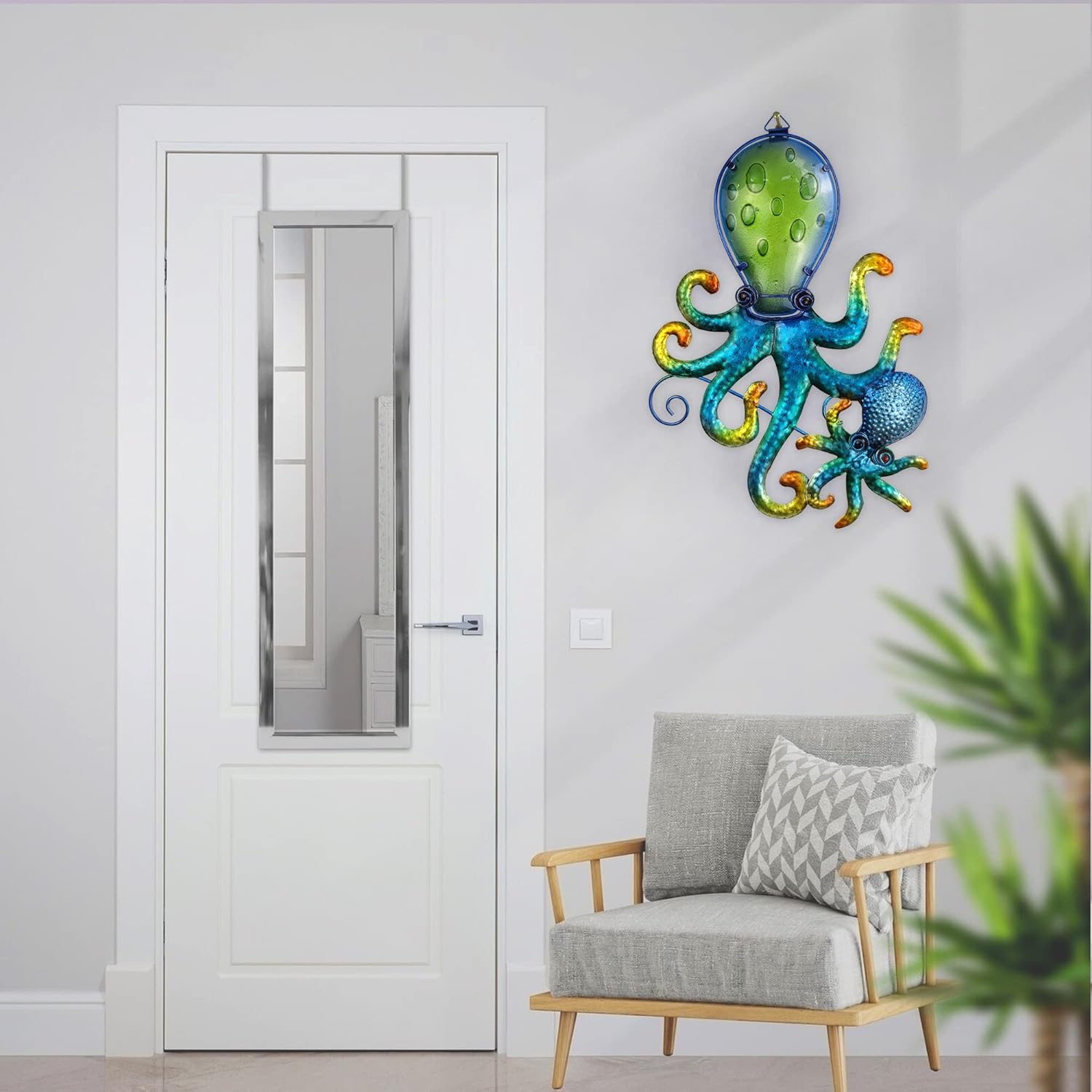 COOZZYHOUR Octopus Wall art Decor, Outdoor Indoor Metal & Glass Wall Sculptures, Ocean Theme Coastal Decorations for Living Room, Bedroom, Yard, Fence and Patio