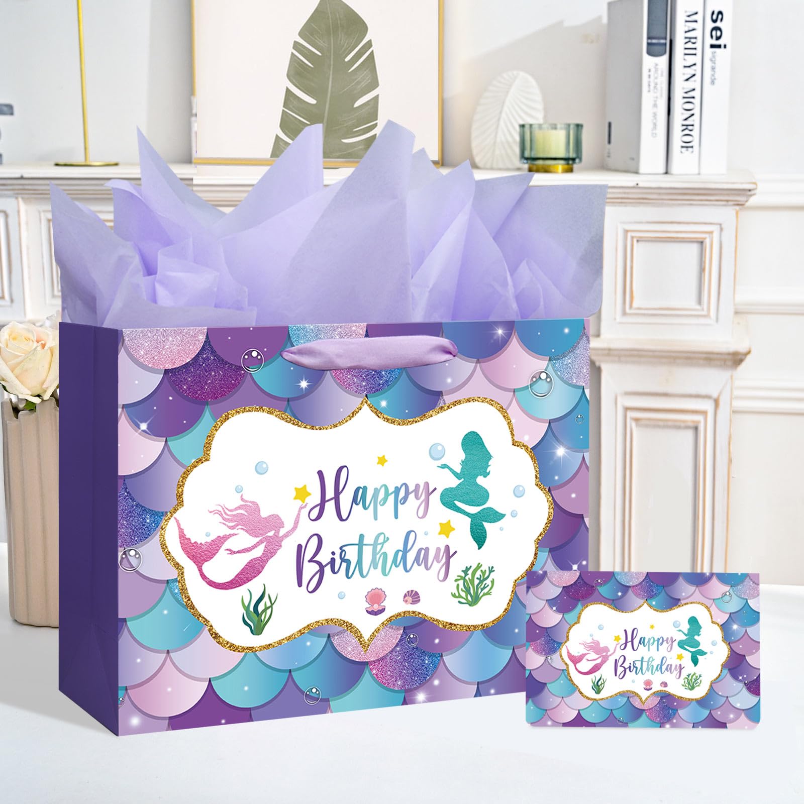 16.5" Large Mermaid Happy Birthday Gift Bag with Handle, Tissue Paper and Card for Kids Girls (16.5in Purple)