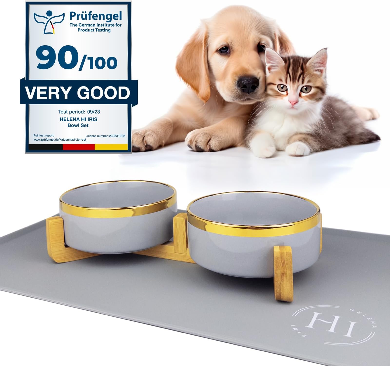 Ceramic Pet Bowl Set of 2 for Cats and Dogs with Bamboo Stand and Non