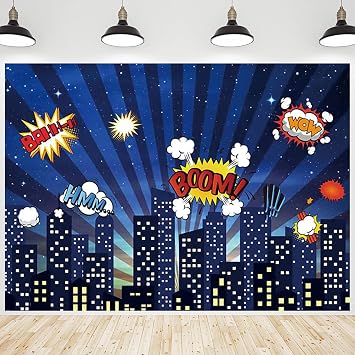 Super City Backdrop Night Scene Comic Cartoon Skyline Buildings Background Skyscraper Cityscape Photography Banner for Baby Kids Birthday Party Decorations Photo Photobooth Props 8x6ft