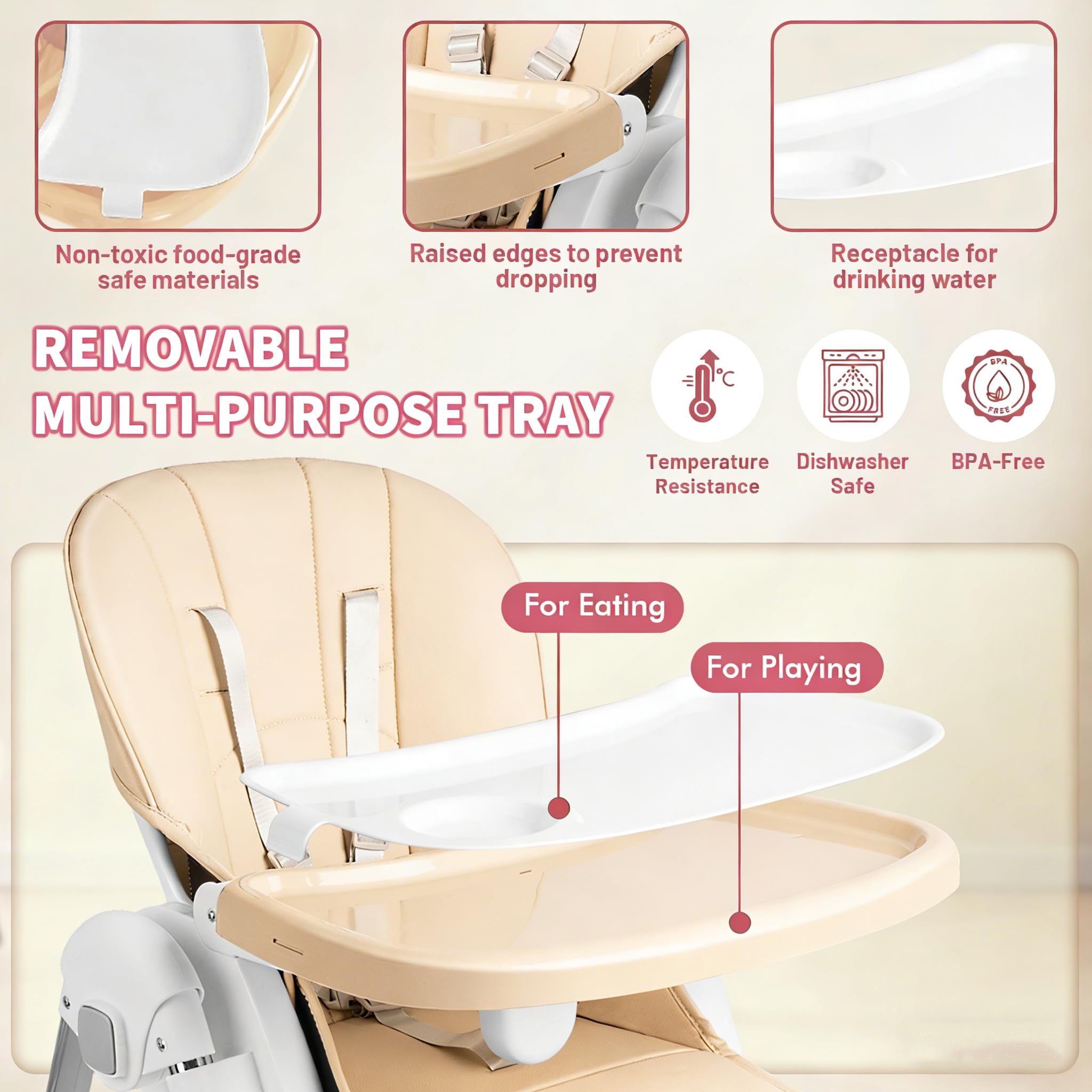 Chaise Bébé Pliante, Chaise Haute 4-en-1 Réglable en Hauteur, Siège Bébé avec Plateau Amovible, Roulettes & Harnais 5 Points, Chaise Haute Évolutive (Beige)