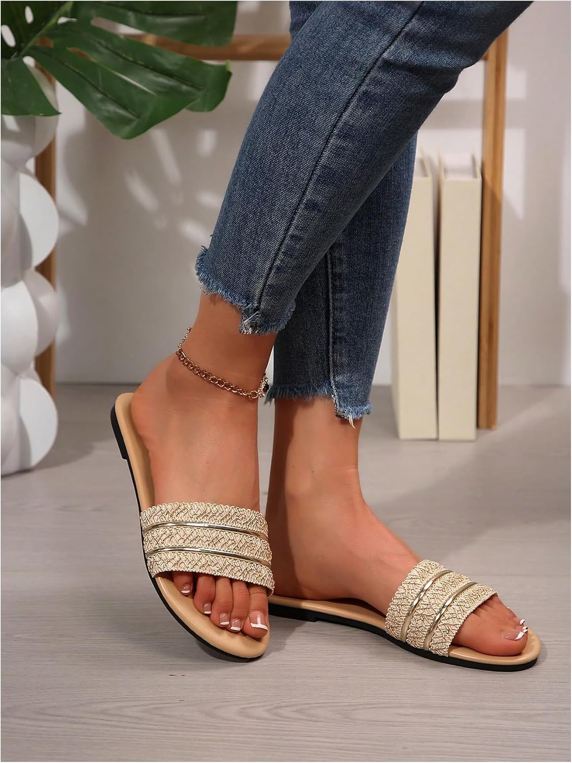 GORGLITTER Girl's Gold Sandals Boho Beach Summer Single Band Slide Sandals Open Toe Vacation Shoes