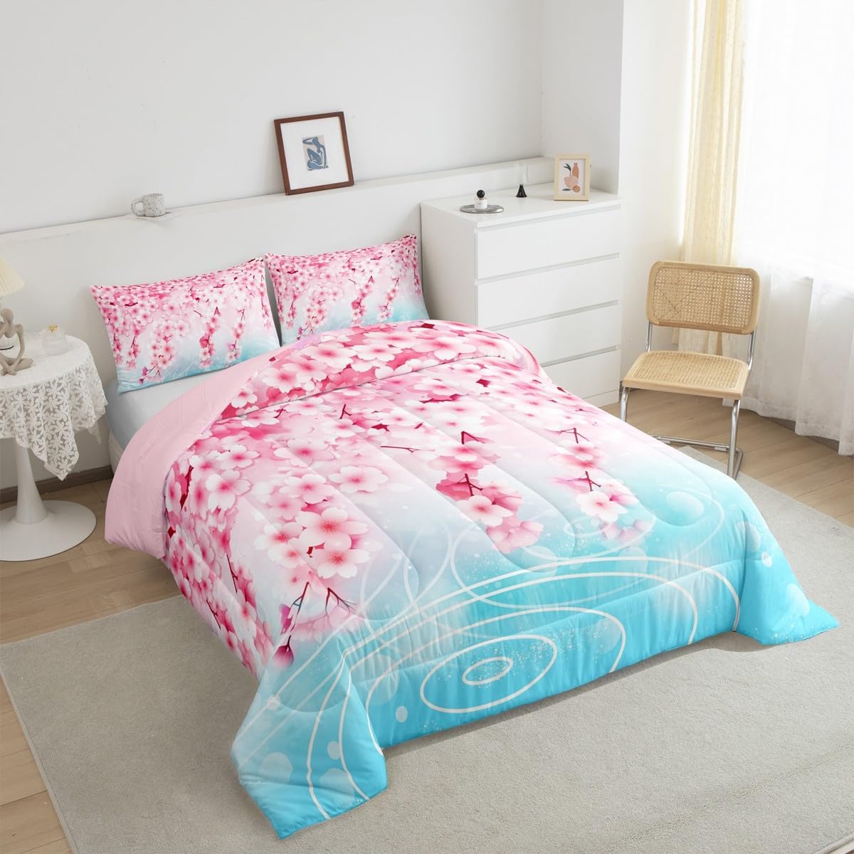Castle Fairy Cherry Blossoms Comforter Set Queen Size,Pink Sakura Flowers Floral Bedding Set for Women Adult,Trees Plant Blue Lake Luxury Bed Duvet Insert, 2 Pillowcases