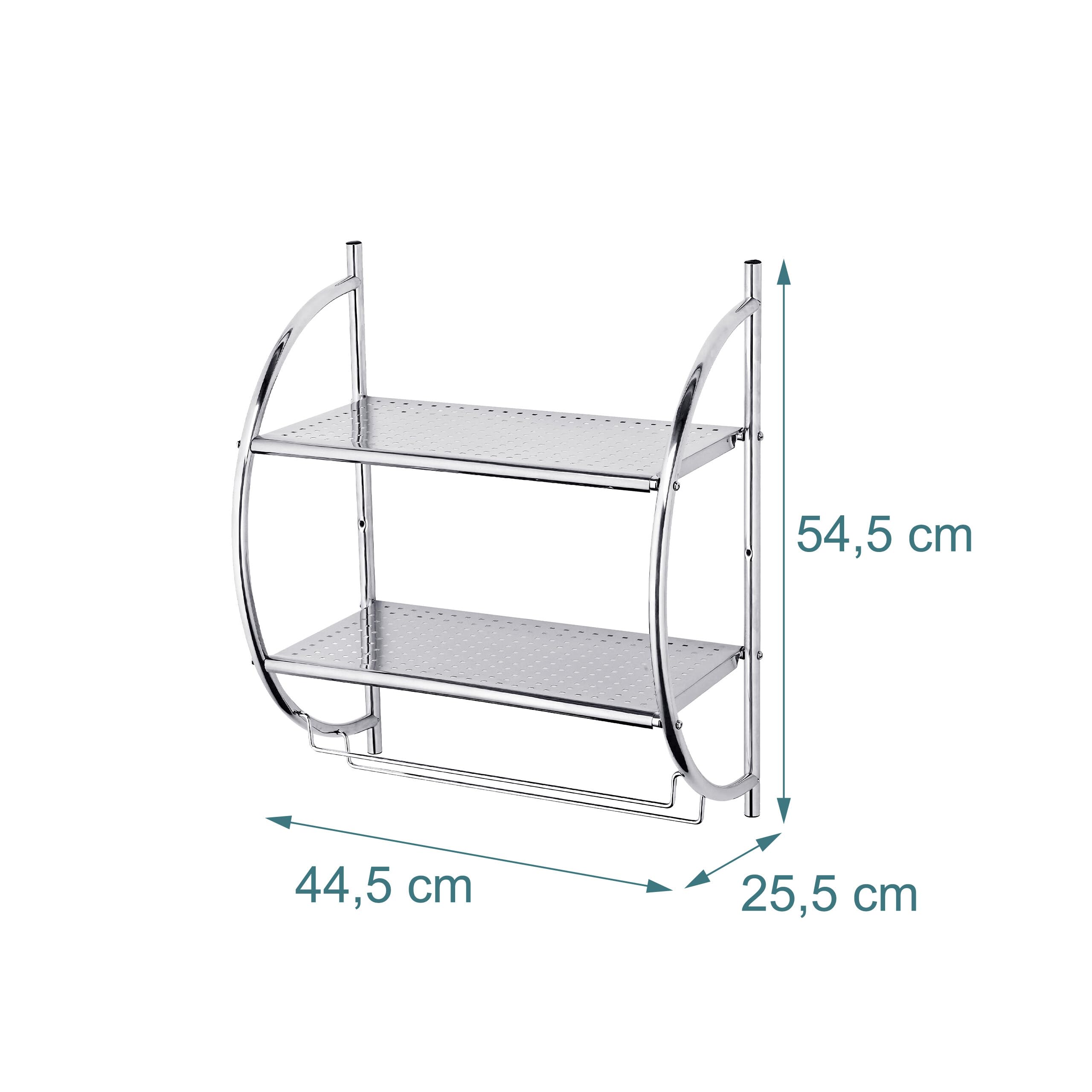 Relaxdays Badregal, Wandregal mit 2 Ablagen, 2 Handtuchstangen, HBT 54,5 x 44,5 x 25,5 cm, Badezimmer, Edelstahl, Silber