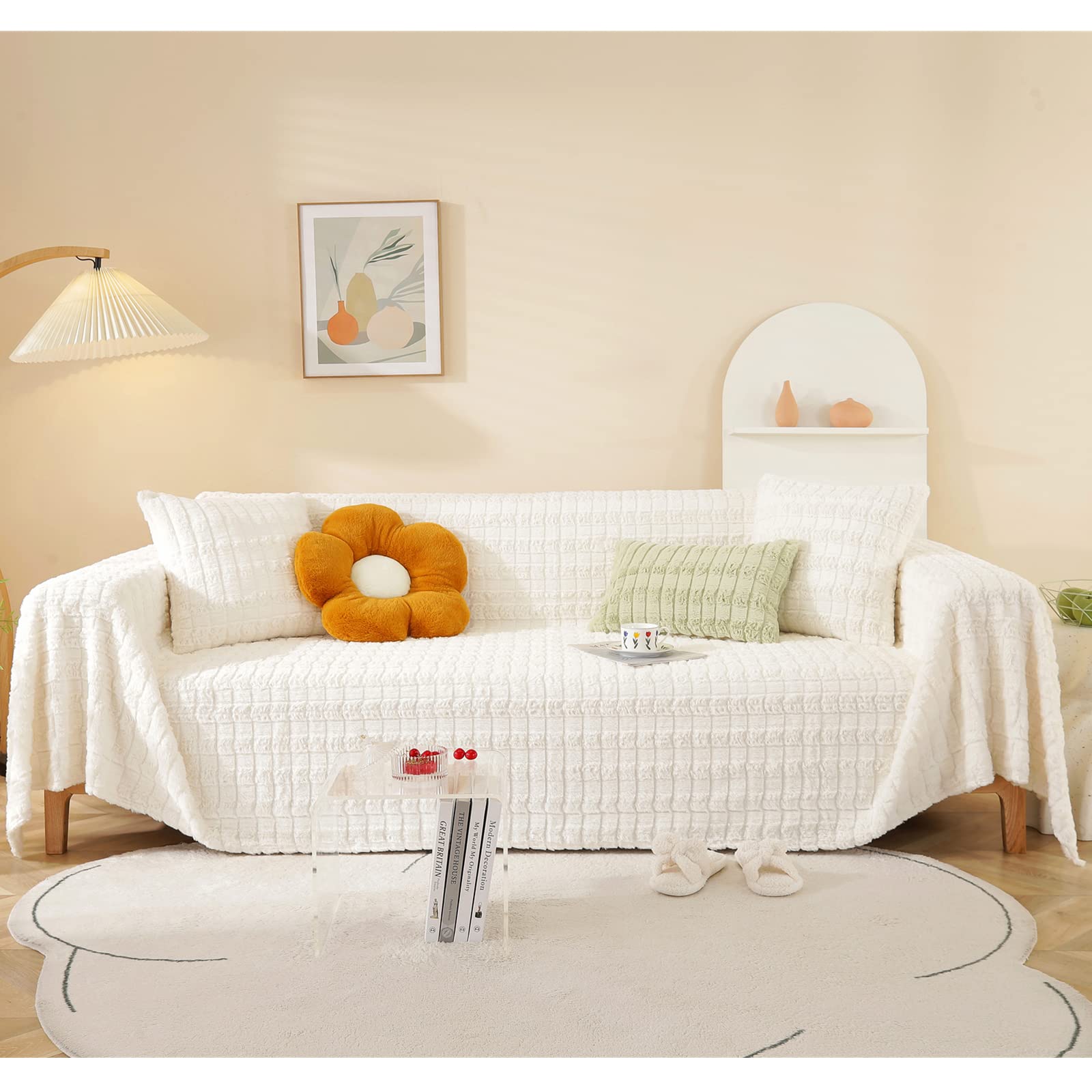 Housses de Canapé 1 Place en Peluche Blanc Chaud | Couverture Complète 180x130cm