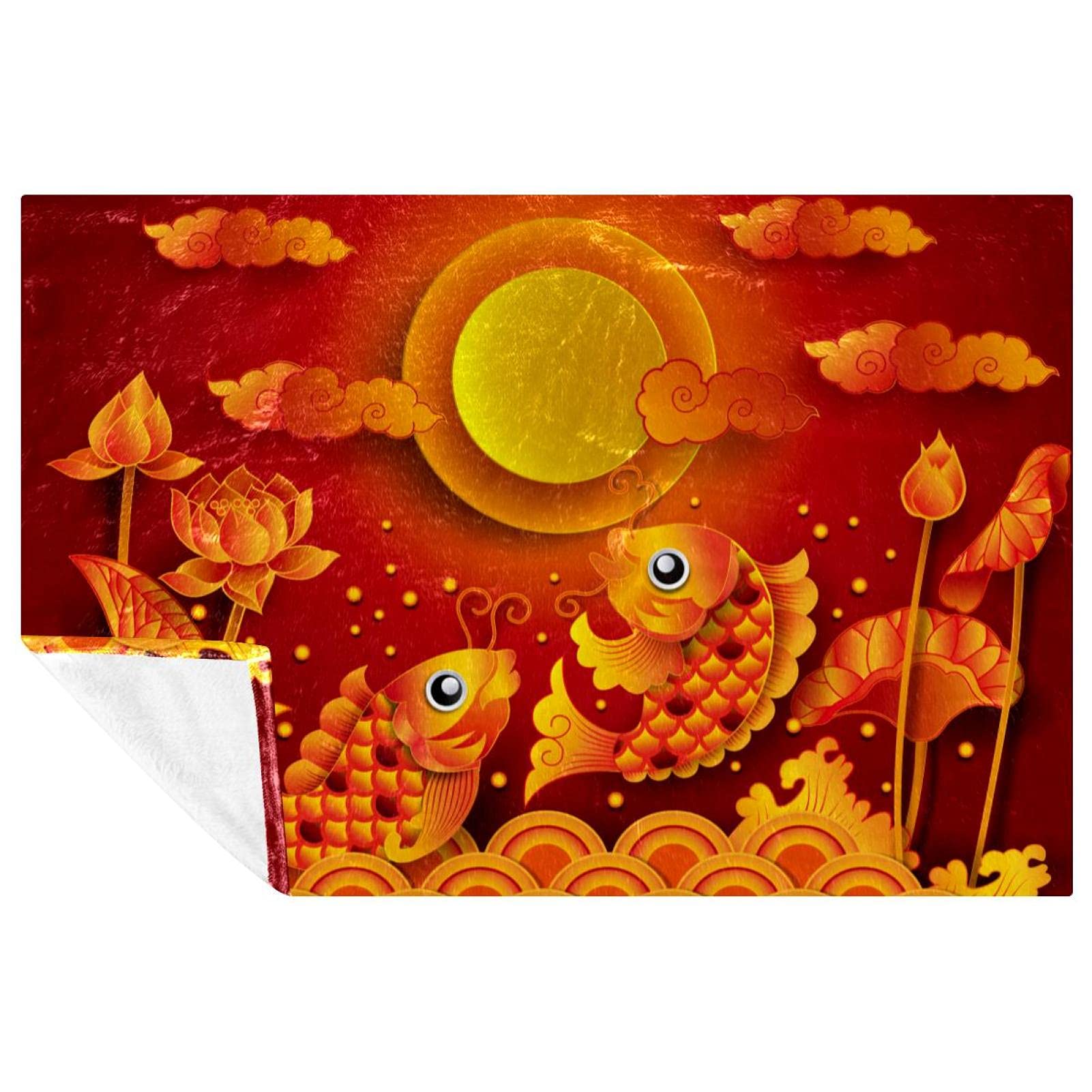 Couverture chinoise carpes et lotus 150x100 cm | Plaid chaud pour lit et canapé