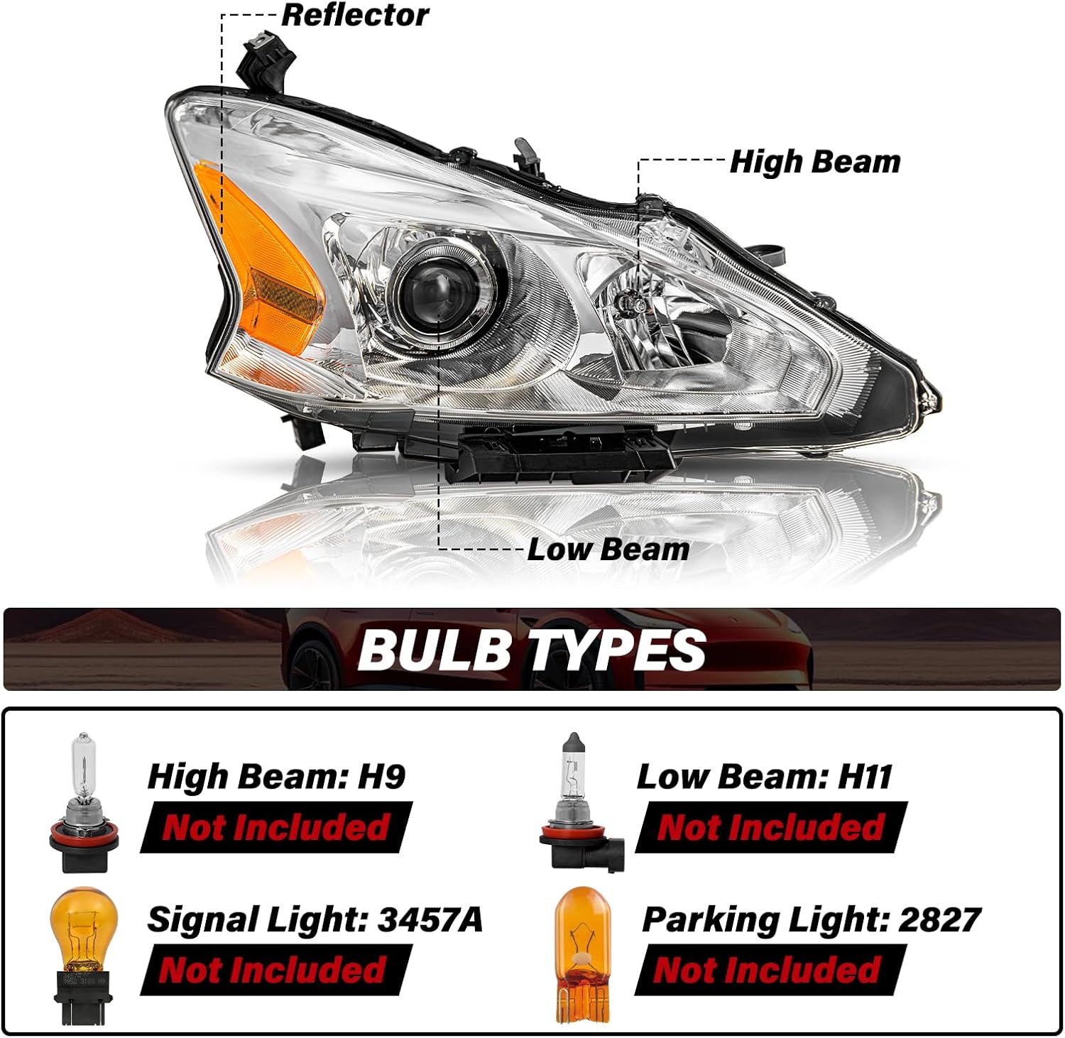 Bingbingmotor BRYGHT Projector Headlight Assembly Fit for 2013 2014 2015 Altima Sedan 4-Door (Chrome Housing with Amber Reflector)