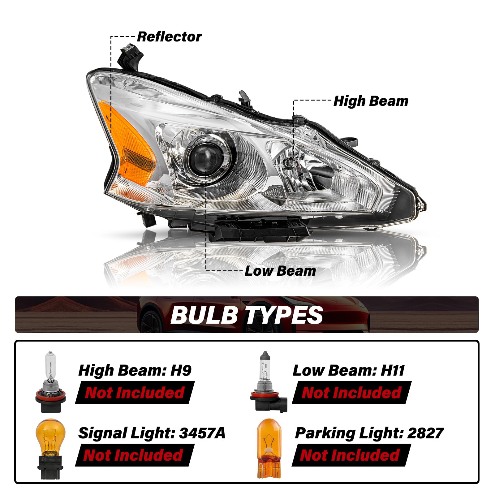 Bingbingmotor BRYGHT Projector Headlight Assembly Fit for 2013 2014 2015 Altima Sedan 4-Door (Chrome Housing with Amber Reflector)