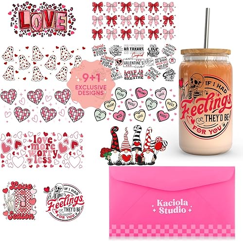 Kaciola 9 Sheets UV DTF Cup Wraps for 16 oz- Valen-Tine Theme UV DTF Stickers, 1 Sheet Mysterious Pattern Transfer, Rub on Transfers Stickers for 16 oz Libbey Glasses Crafting