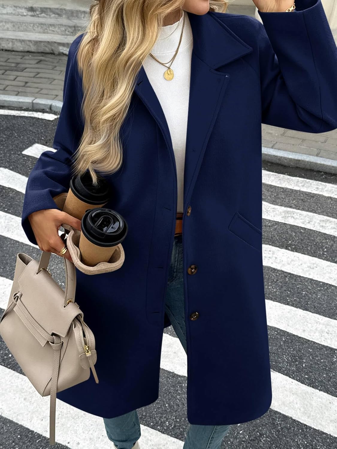 Cicy Bell Womens Long Single Breasted Coats Lapel Collar Peacoat Fall Winter Casual Trench Coat Jacket Outwear - Image 2