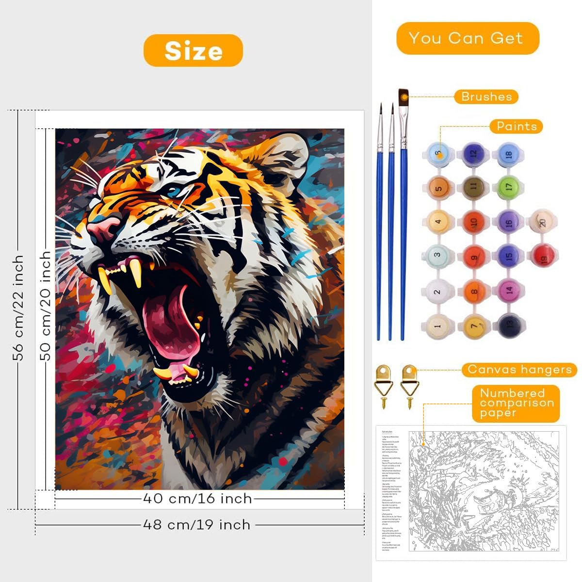 Kit per pittura a olio con i numeri, motivo: tigre e sfumature e fiori, 40,6 x 50,8 cm, motivo: animali carini, fai da te, per bambini, studenti, adulti, principianti, con pennelli, pigmenti