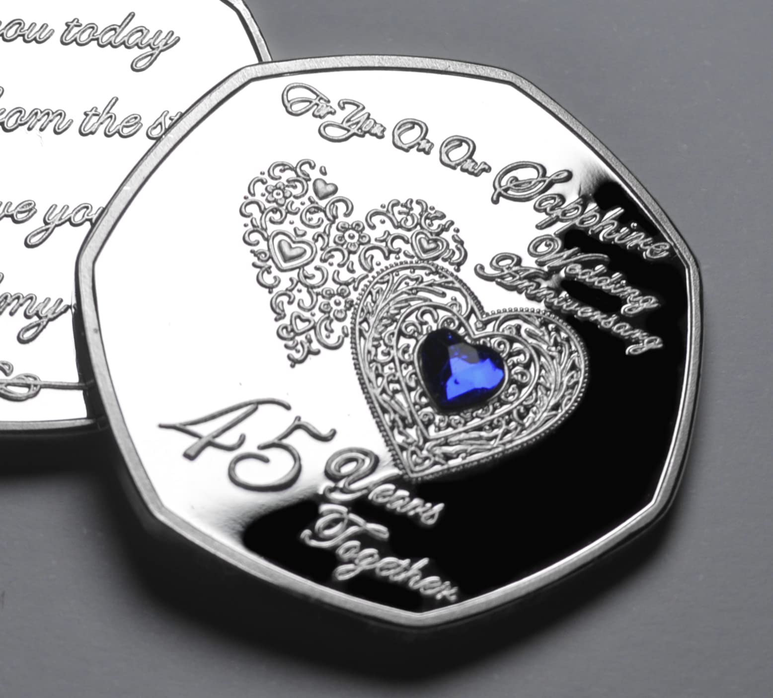 The Commemorative Coin Company On Our 45th SAPPHIRE WEDDING ANNIVERSARY Commemorative. Inlaid Gemstone. Gift/Present. Marriage/Congratulations. 45 Years Together
