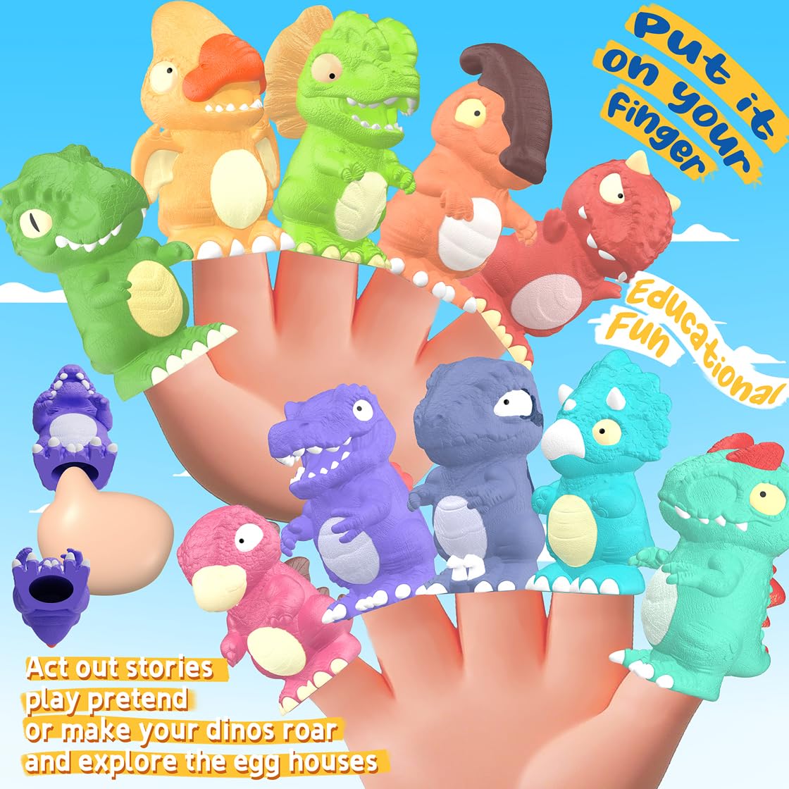 Zippytots Learning Toys for Toddlers 1 2 3 Years Old-Matching Egg Toys with Dino Finger Puppet for Montessori Learning, Counting, Stacking, Sorting-Easter Christmas Birthday Gift for Baby Boys Girls