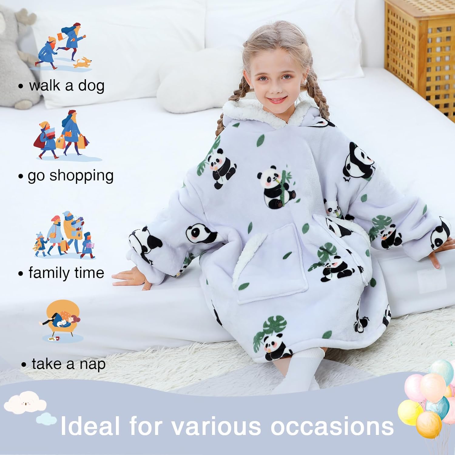 Kipswiza Panda Print Wearable Blanket Hoodie for Kids - Oversized Sherpa Fleece Hoodie Blanket Sweatshirt for Girls Boys 6-13 (4'3"-4'11"), Cozy Gift, Light Grey