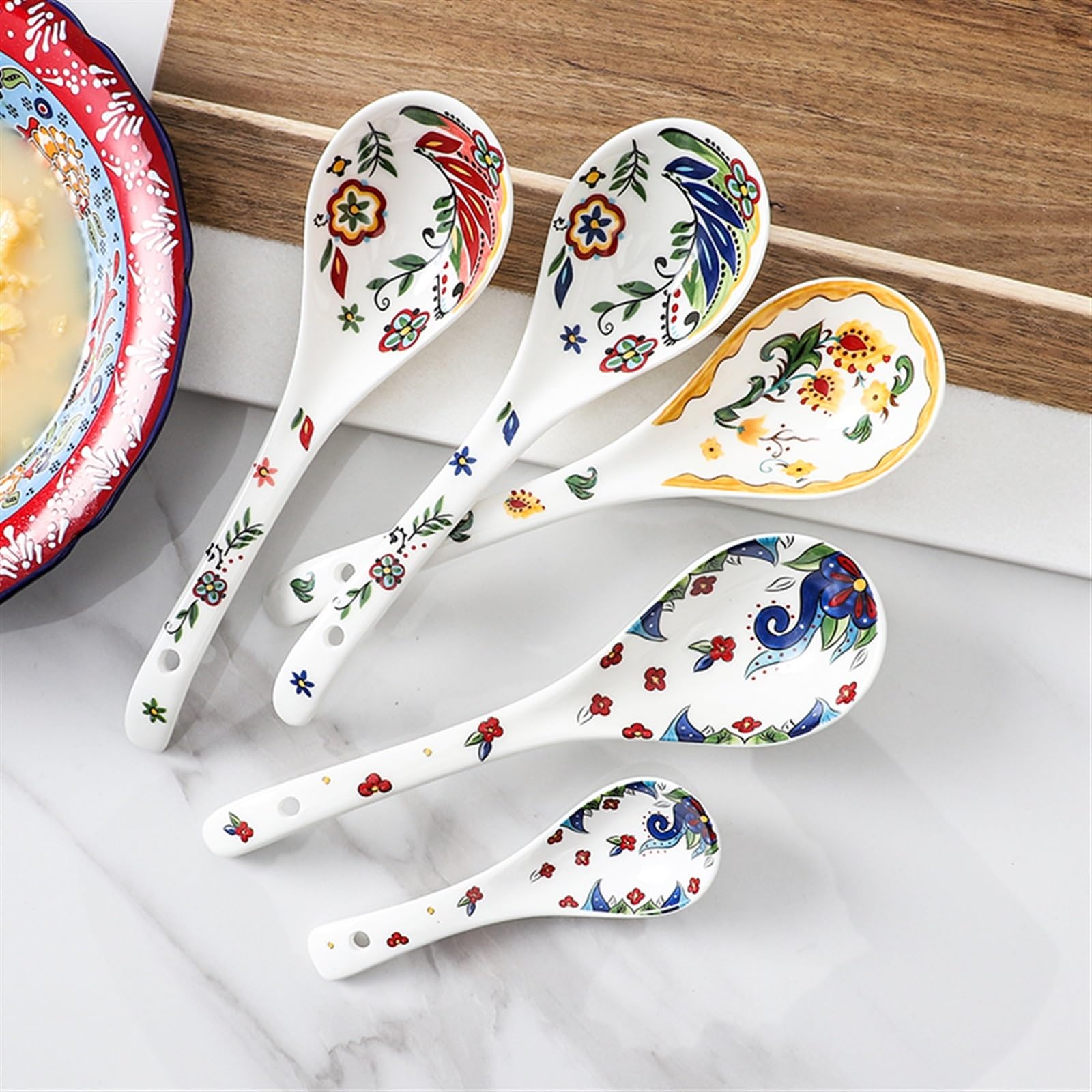 Cuillères à Soupe en céramique (1 Petite cuillère et 1 louche incluses), cuillères à Soupe wonton, cuillères de Service en céramique, cuillères à Ramen, cuillère à Glace(B)