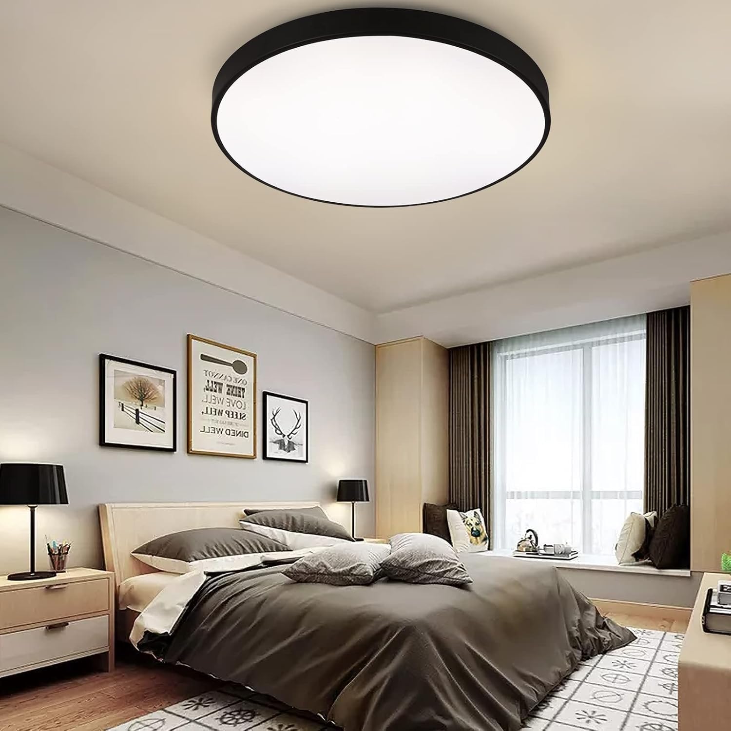 COTULIN 24 Inch Large Black Metal Frame LED Flush Mount Ceiling Light, Modern 3000K/4000K/5000K Round Ceiling Lighting Fixture, 40W Ceiling Lamp for Bedroom Living Room Kitchen Hallway