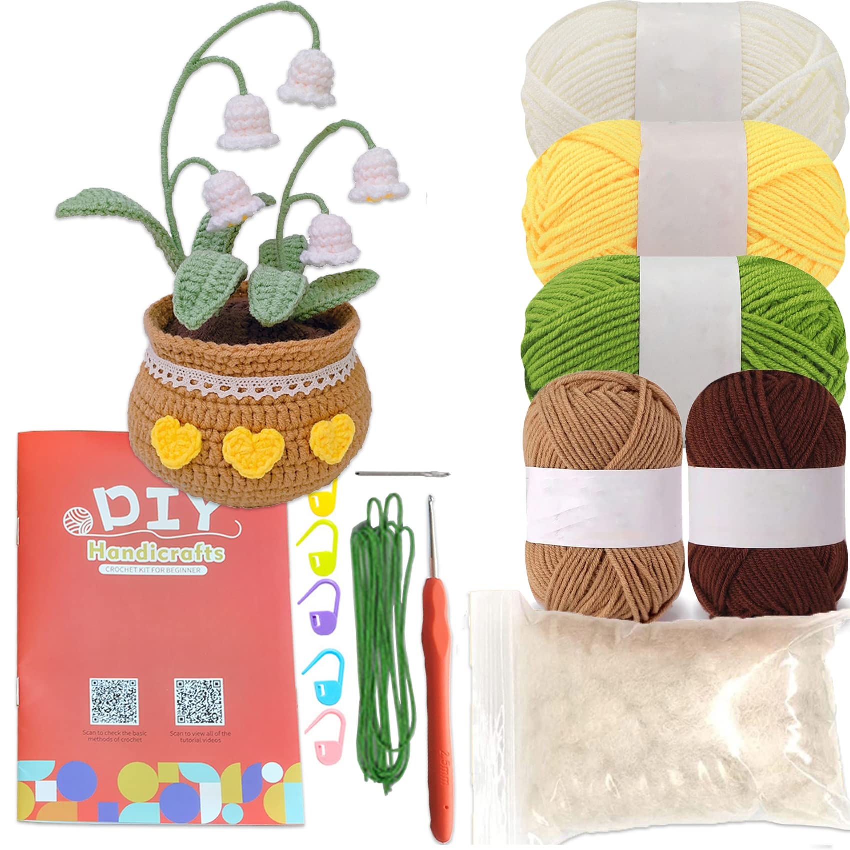 SaiDuoDuo Wobbles Crochet Flowers Kit, Crochet Kit for Beginners, Crochet Fake Potted Plants, Includes Step-by-Step Instruction and Video Tutorials,Lily of The Valley