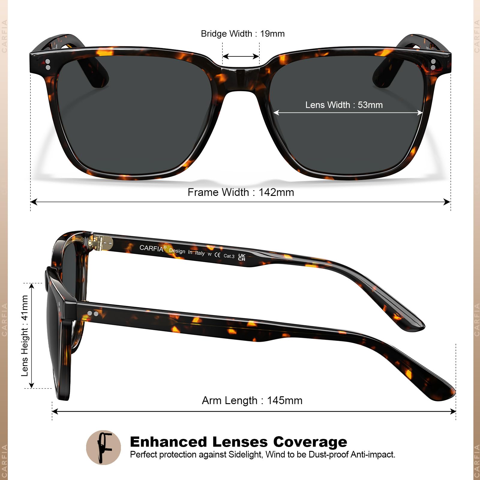 CARFIA Polarisierte Sonnenbrille Herren Für Autofahren Rechteckig Acetat Rahmen Retro UV400 Schutz Angeln Golf CA5354L | UV400-Schutz, Retro-Stil für Golf, Fahren im Freien