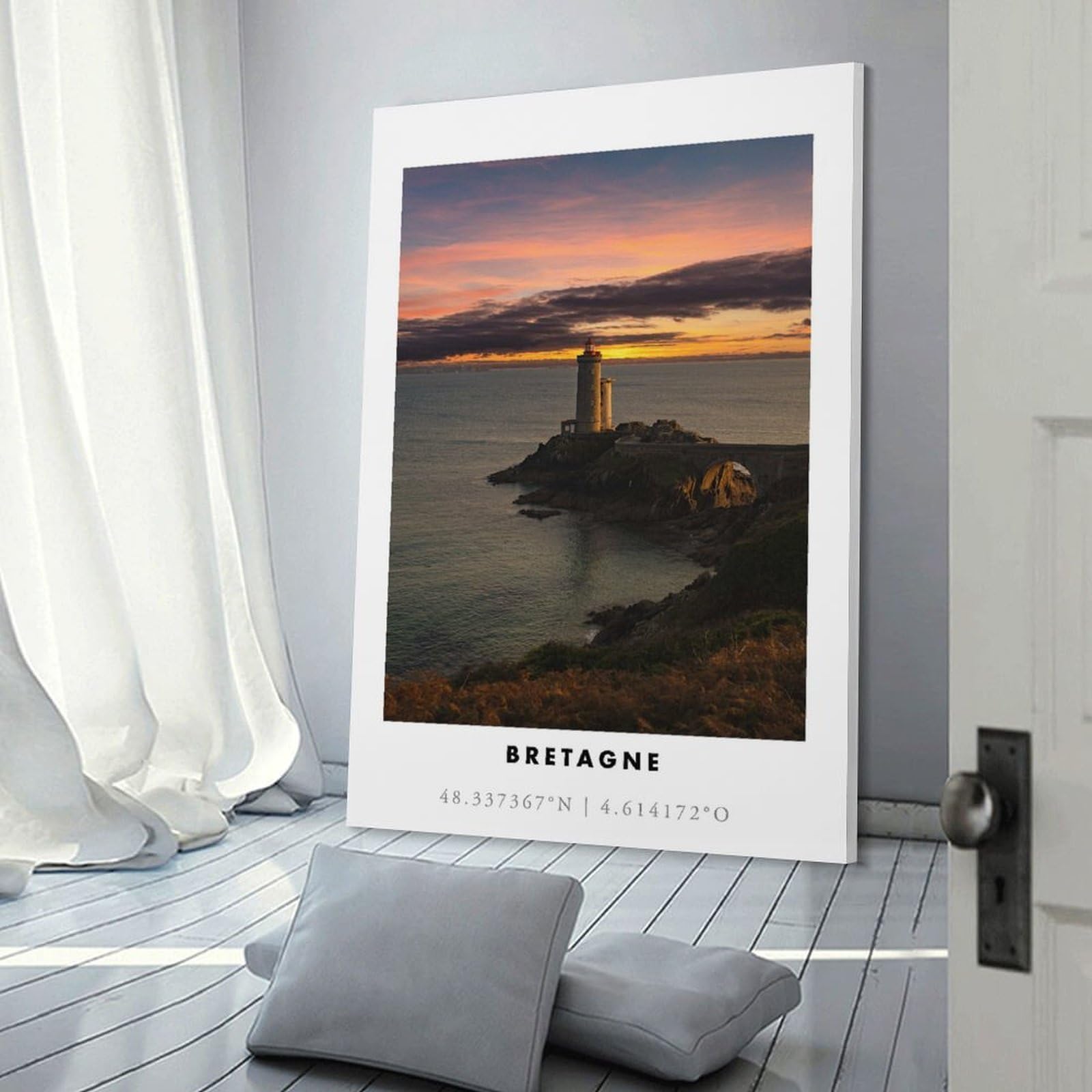 Junmoney Lighthouse Sunset in Bretagne Wall Art Print, 24x36inch(60x90cm), for Study, Office Or Focused Interiors, Home Office Artwork with Decorative Appeal
