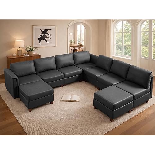 Leather Sectional Couches for Living Room, Modular Sectional Sofa with Storage, Faux Leather Reversible 9-Seat Couches,Black