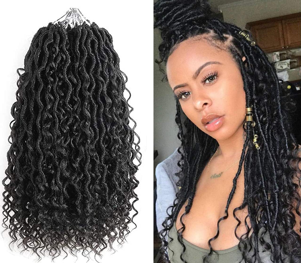 New Goddess Locs Crochet Hair 14 Inch Boho River Locs Hippie Locs Wavy Crochet With Curly Hair In Middle And Ends Braids Hair Extensions (8Packs,14 inch, 1B)