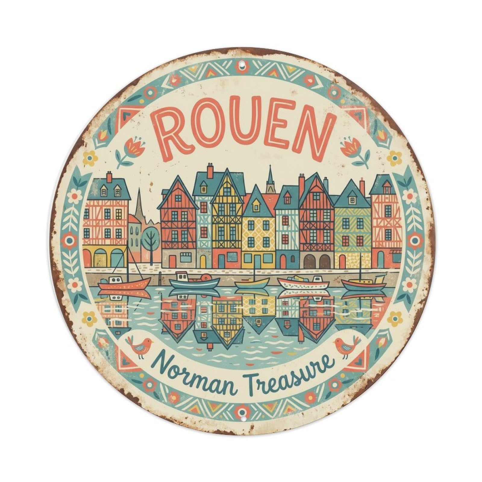 Vintage Travel Rouen Riverside France Metal Tin Sign Plaque Wall Decor for Cafe, Club Bar, Office, Home Garden Round Metal Poster 8x8Inch