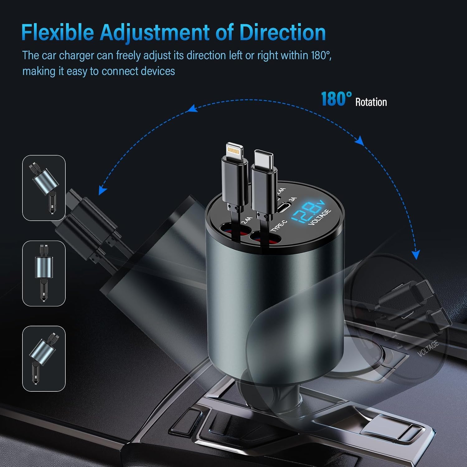 Caricabatteria da auto per accendisigari USB C 4 in 1 56W - Caricabatterie per auto con 2 cavi retraibili (Tipo C, Lightning), adattatore USB per accendisigari con visualizzazione tensione, rotazione