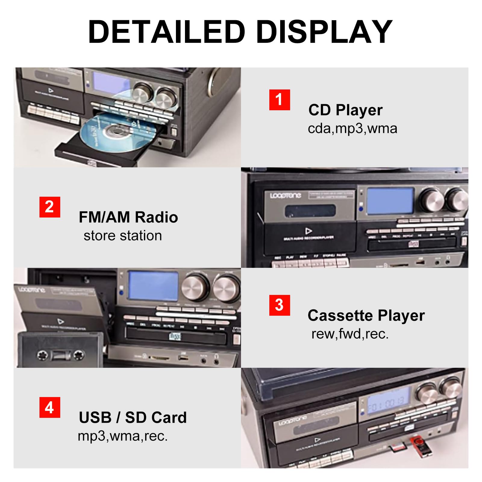Lettore CD e cassette classico con riproduzione USB/SD, radio AM/FM, sistema audio per gli amanti della musica, compatibile con vinile, design retrò