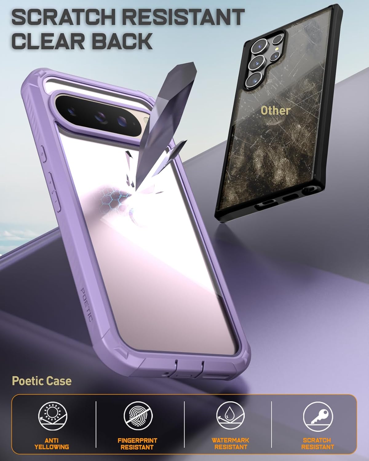 Poetic Guardian Case for Google Pixel 9 Pro XL 5G 6.8 inch, Built-in Screen Protector [Work with Fingerprint ID], [2 Front Frame] Full Body Shockproof Rugged Clear Cover Case, Purple/Clear
