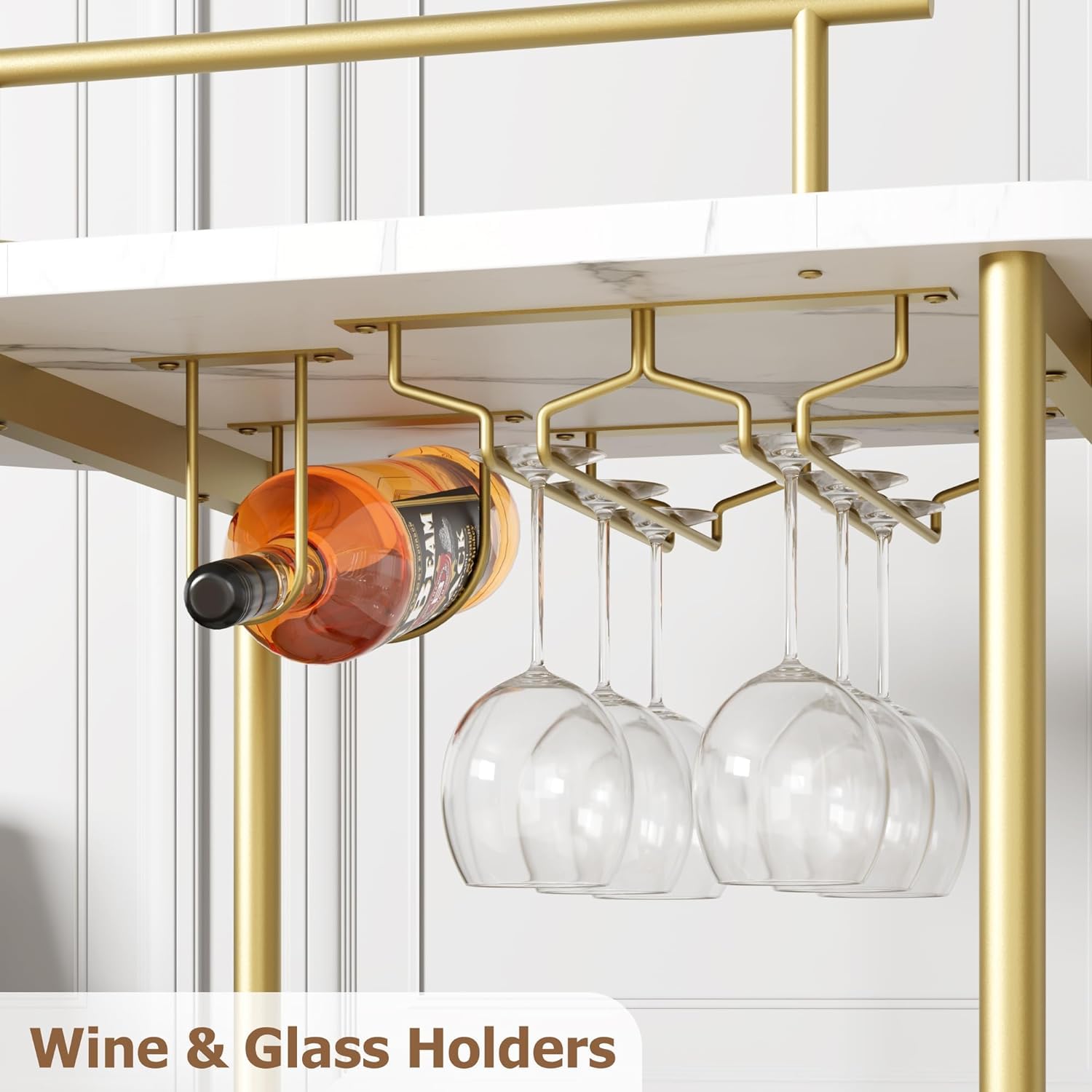 Litake Carro de servicio dorado con ruedas – Carro de cocina estrecho con marco de metal y estante de madera, carrito de cocina, comedor, bar