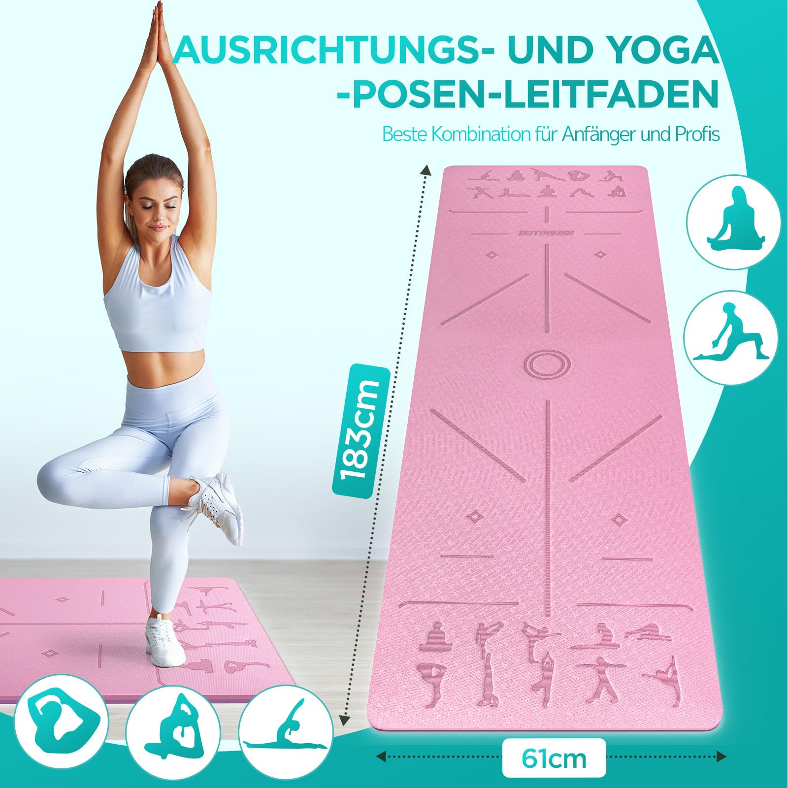 Yoga Matte, TPE 6mm Dicke Hautfreundliche Yogamatte Rutschfest Gymnastikmatte Pilates Gymnastik Meditation Stretching mit Trageriemen Home Workout Sportmatte 183x61cm