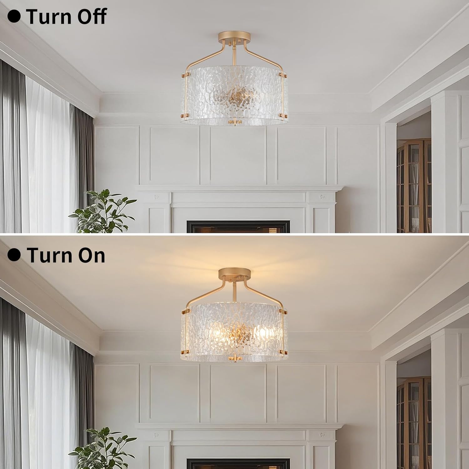 Semi Flush Mount Ceiling Light Fixture Glass Drum Chandelier Entryway Light Fixture 16''Gold Flush Mount Ceiling Lights 3-Light Foyer Lighting fixtures for Living Room Hallway Bedroom