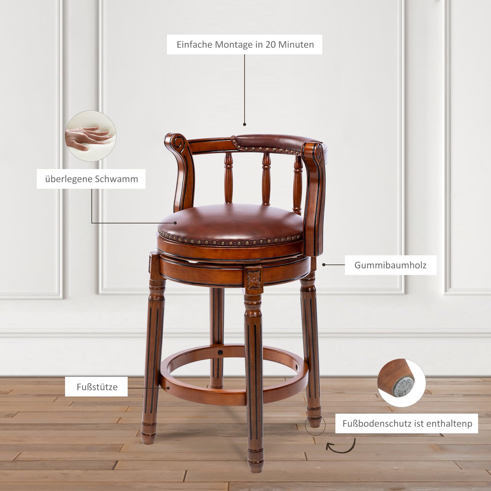 Barhocker aus Leder mit Rindsleder, Sitzhöhe 66 cm, Drehstuhl für Zuhause, Küche, Theke, Mordener Stuhl, Esszimmer, Restaurant, Arbeitszimmer und Kneipe, 1 Stück