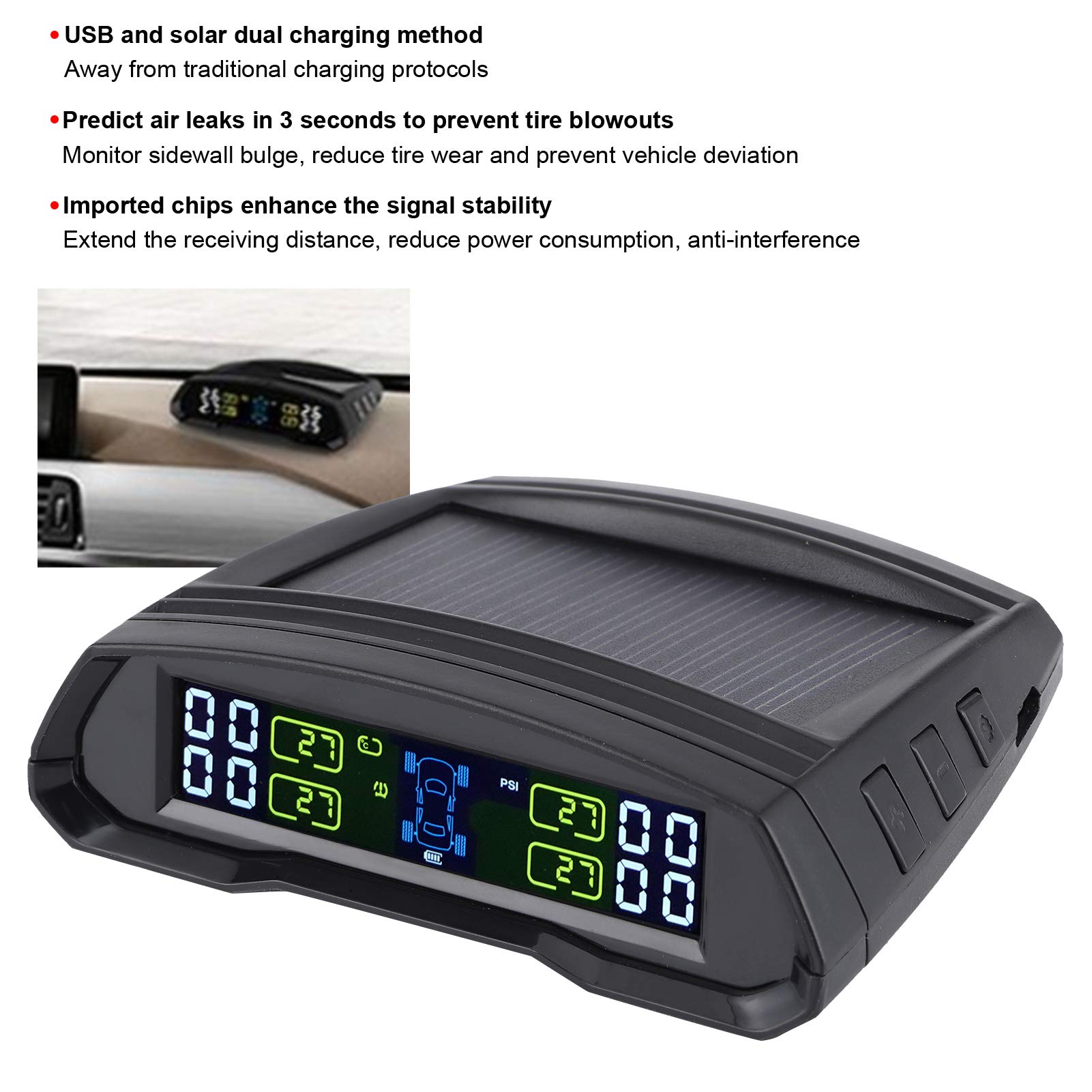 Detector de presión de neumáticos con carga de panel solar y USB ligero fácil de instalar, con sensor inalámbrico de presión de neumáticos de 4 sensores, para camiones