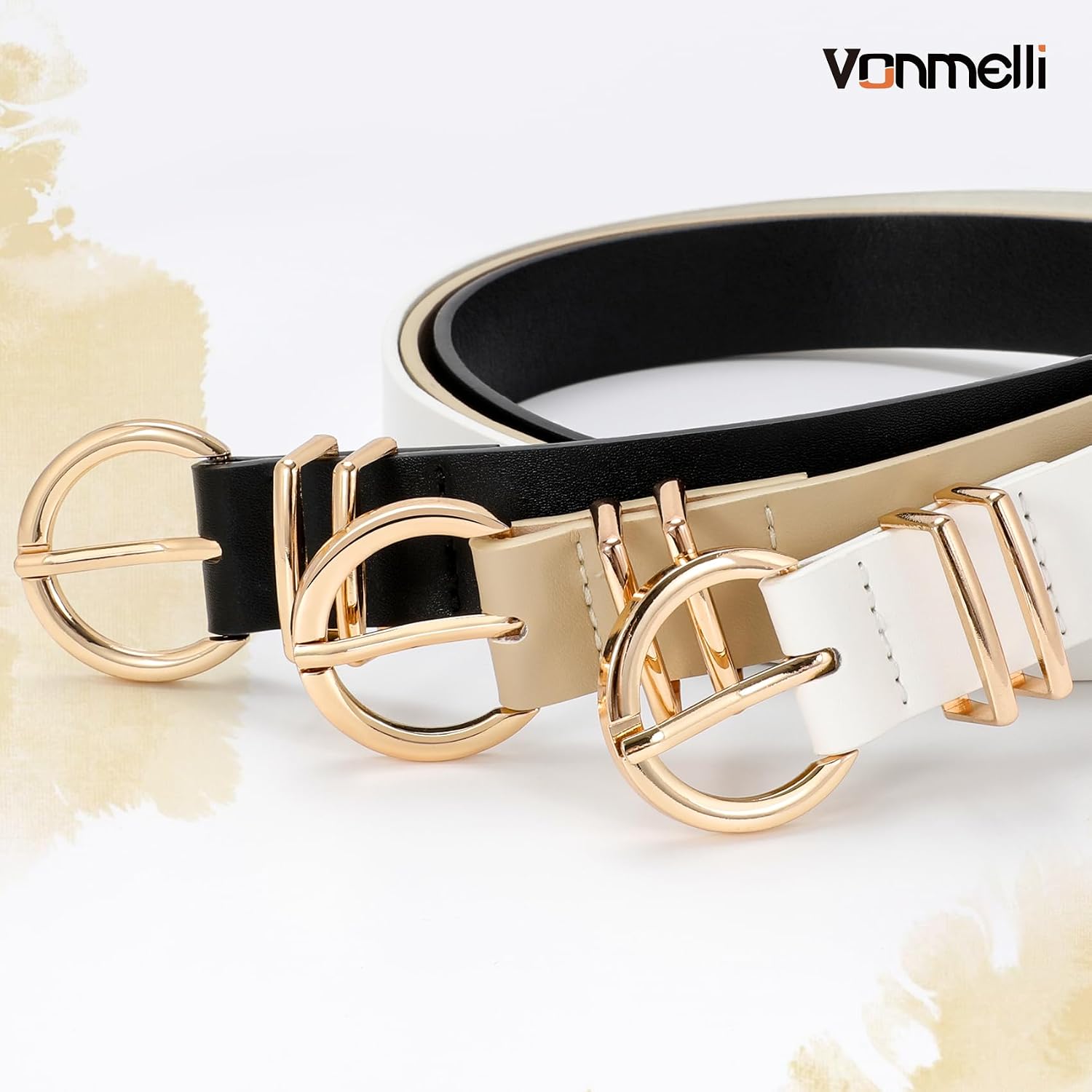 VONMELLI 3 Pack Women's Leather Belts for Jeans Dresses Ladies Waist Belt with Fashion Gold Buckle image 2